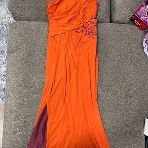 David's Bridal Burnt Orange and Purple One Shoulder Strap Dress